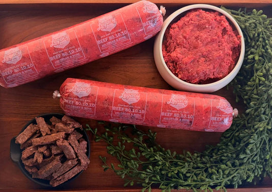 2 lb variety pack with sliced beef sausage logs and bowl of raw ground beef