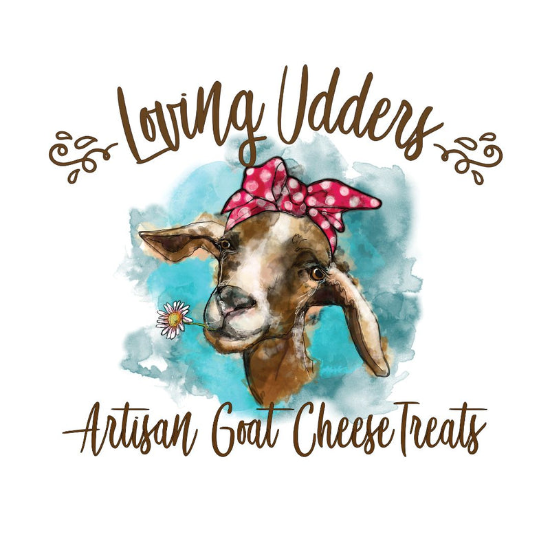 Logo for 'Loving Udders' artisan goat cheese treats with a goat illustration and floral elements.
