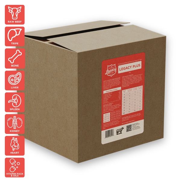 Freeze-dried pet food box, brown cardboard with red label and nutrition panel