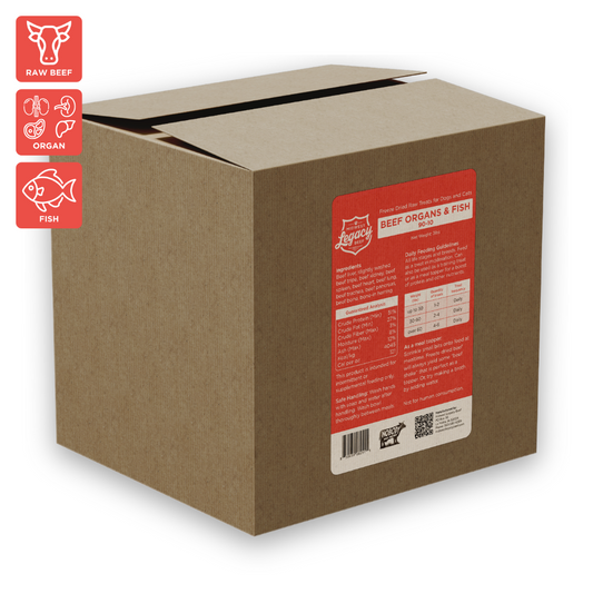 Cardboard box with a red label featuring product information on a white background