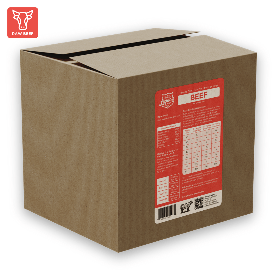 Cardboard box with Midwest Legacy Beef freeze dried dog food label