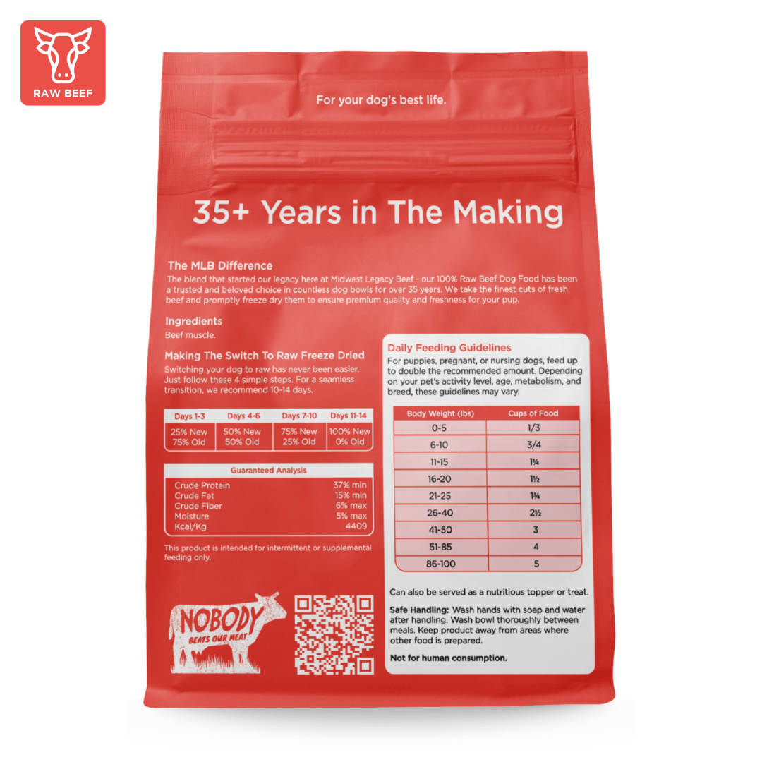 Red package of Midwest Legacy Beef freeze dried dog food