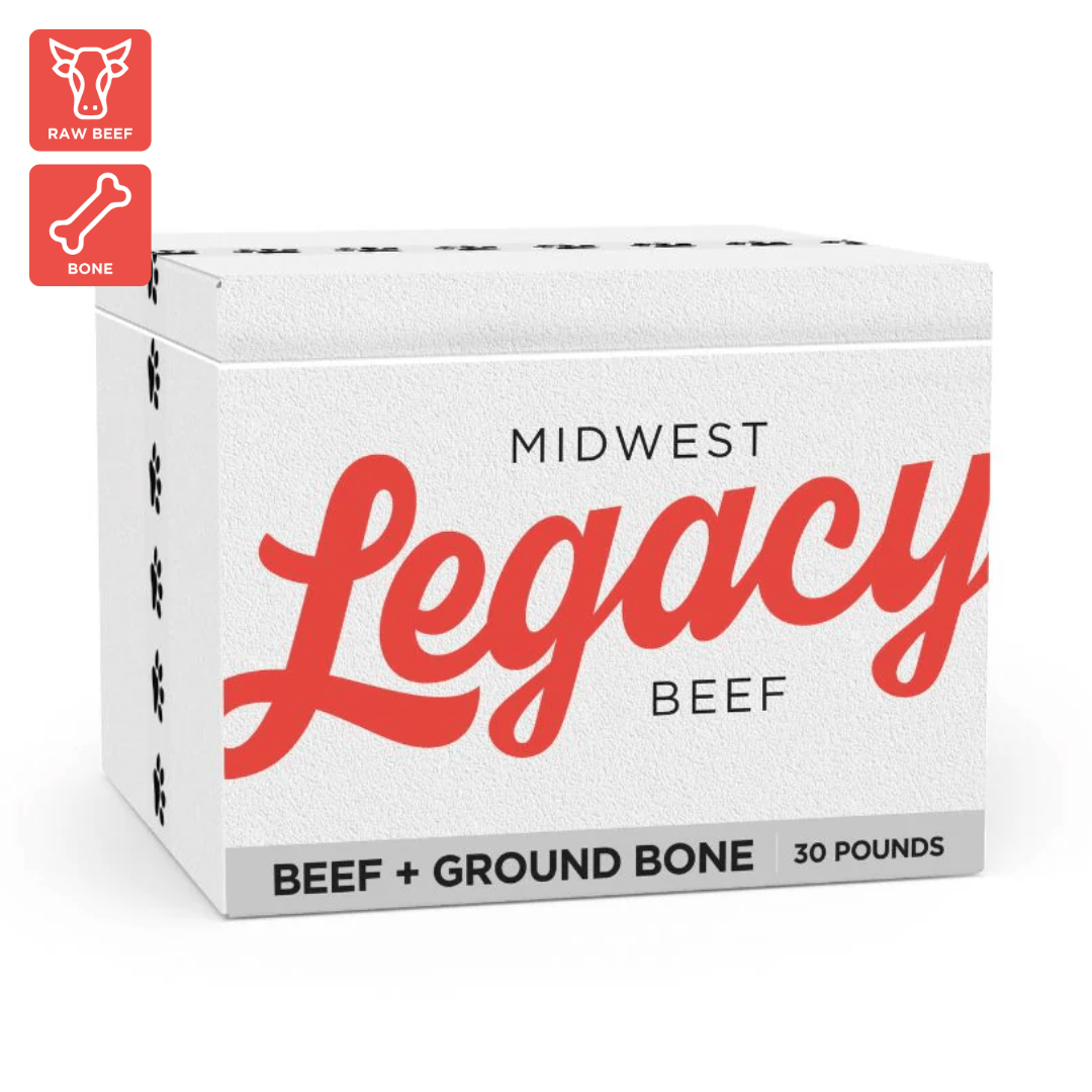 Box of Midwest Legacy Beef and ground Bone raw dog food with red and black text on a white background
