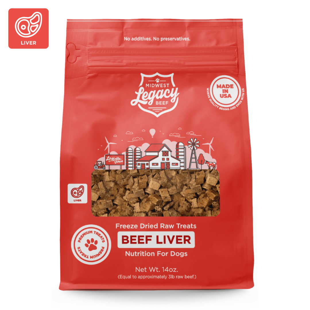 Red package of Midwest Legacy Beef Liver freeze-dried raw treats for dogs on a white background