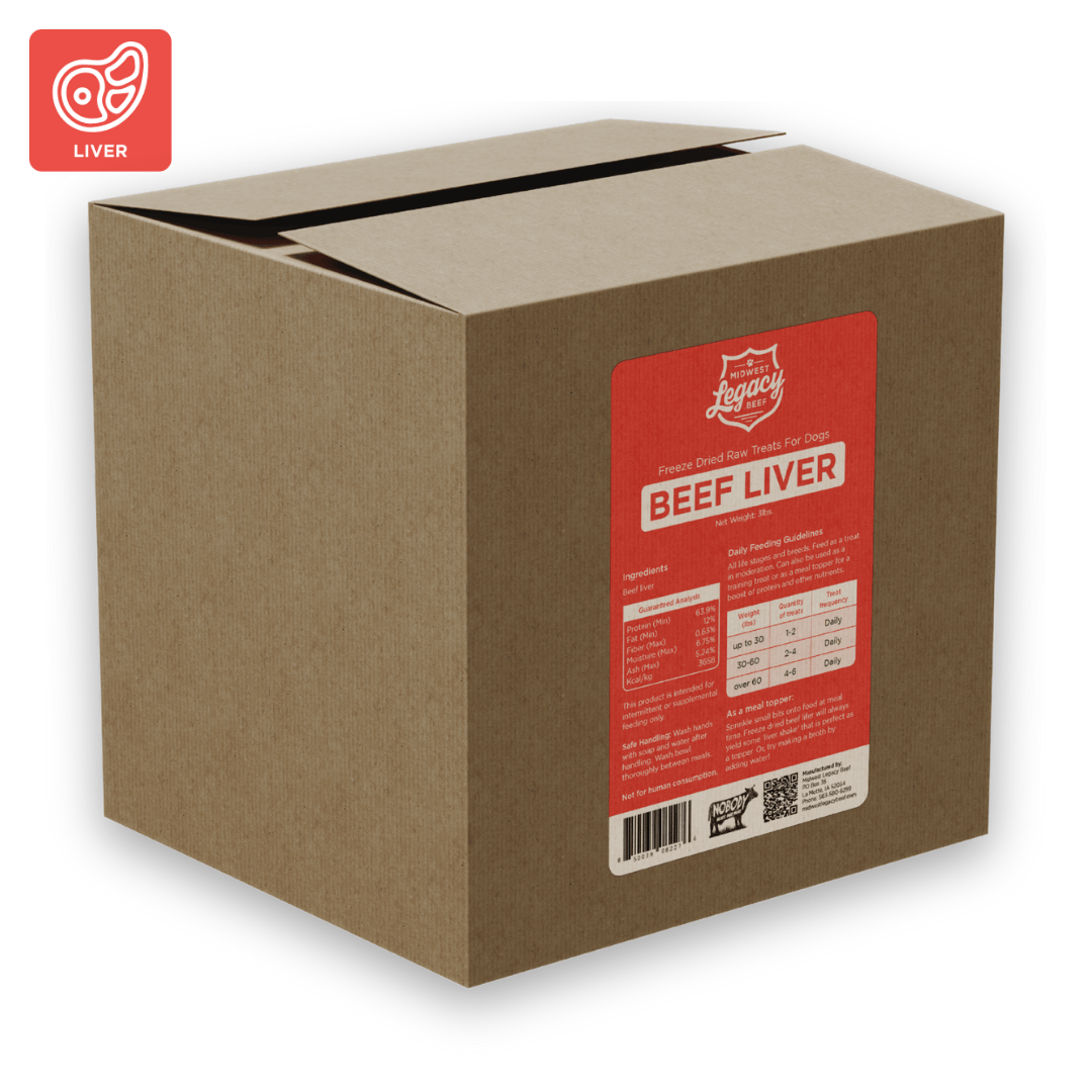 Cardboard box with a red label indicating beef liver freeze dry raw dog food from Midwest Legacy Beef on a white background