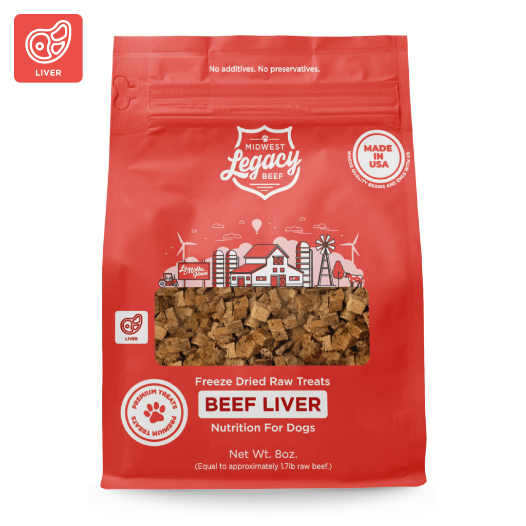Red package of Midwest Legacy Beef freeze-dried raw beef liver treats for dogs on a white background