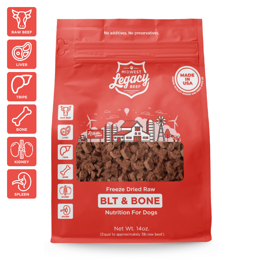 Red package of Midwest Legacy Beef BLT Bone 14oz freeze dried dog food