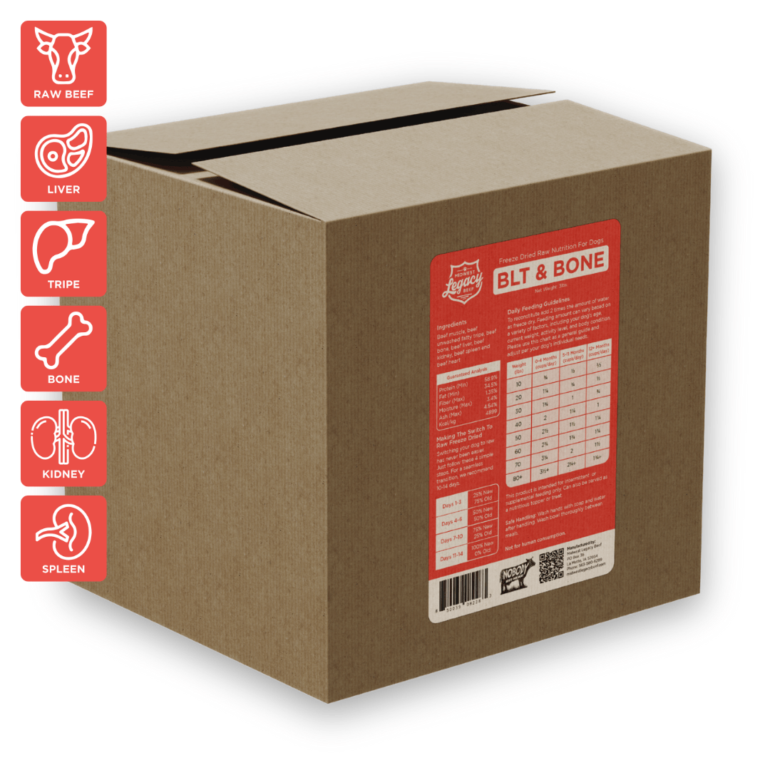 Cardboard box with Midwest Legacy Beef BLT Bone freeze dried dog food label