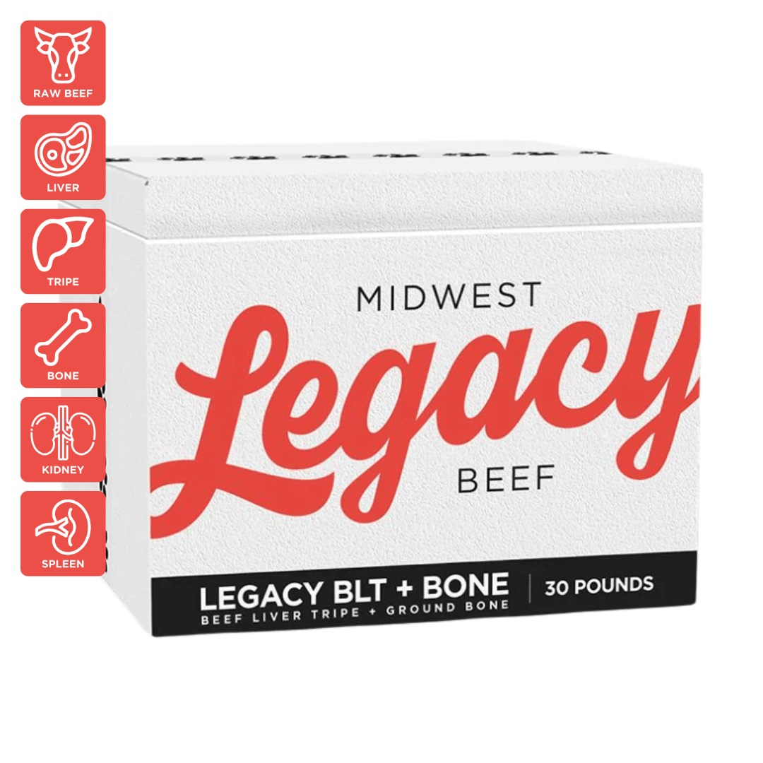Box of Midwest Legacy Beef BLT Bone raw dog food with icons and text on a white background