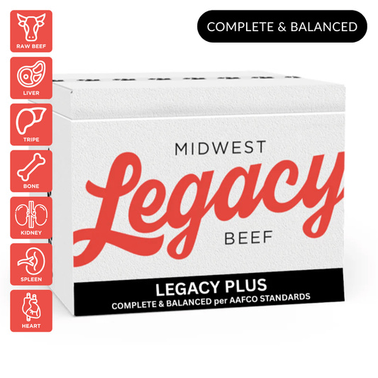 Box of Midwest Legacy Beef raw dog food Legacy Plus on white background
