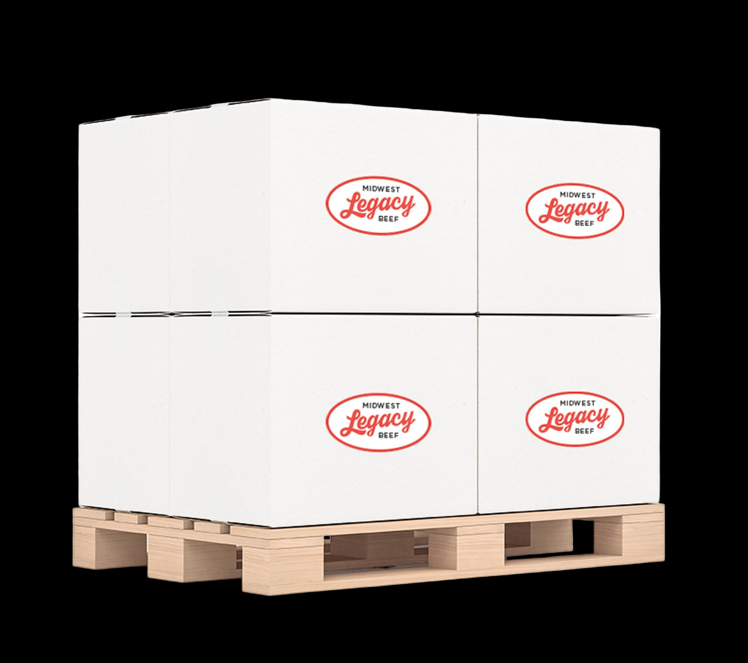 four boxes of midwest legacy beef dog food stacked onto palette with white background