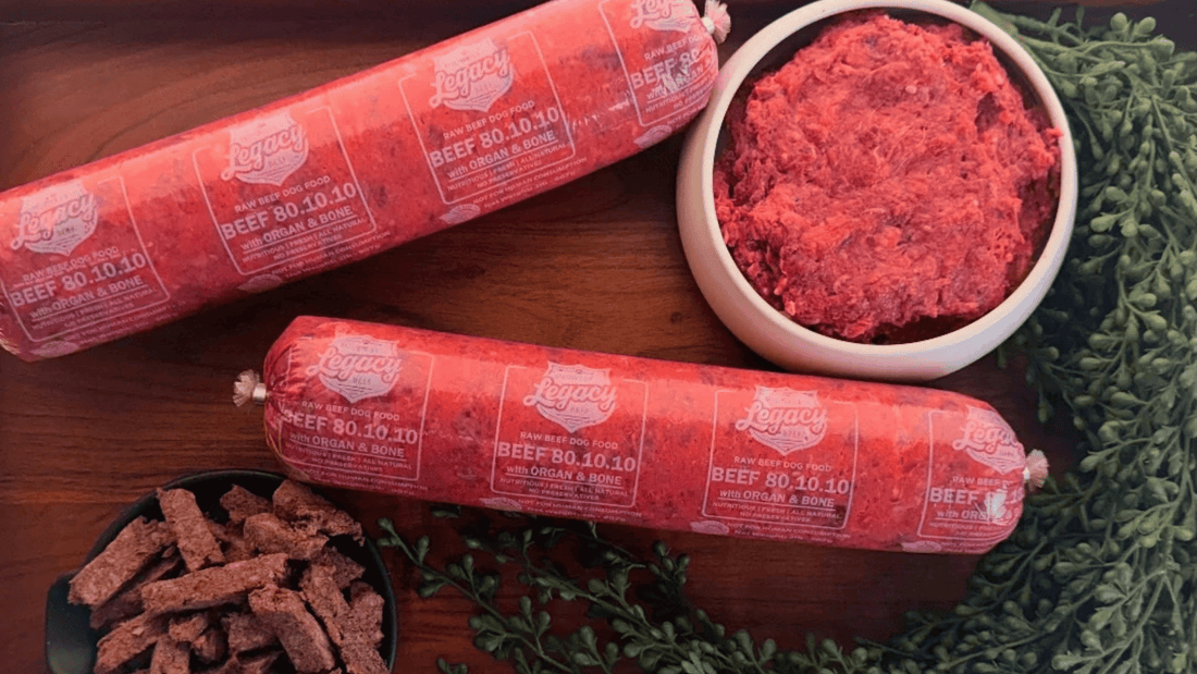 Legacy Blend 80-10-10 on a cutting board with the tube and food in a bowl on display. MLB's top selling raw dog food.