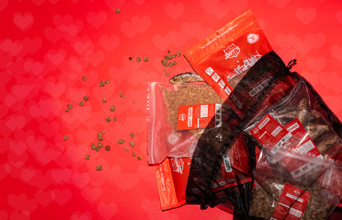 Limited edition Valentine Feast Bag from Midwest Legacy Beef featuring freeze-dried raw dog food: complete meals, beef organ treats, sardines, and shrimp treats