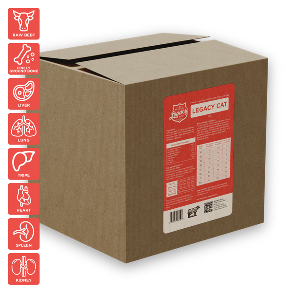 Freeze-dried cat food cardboard box with red label and nutrition panel