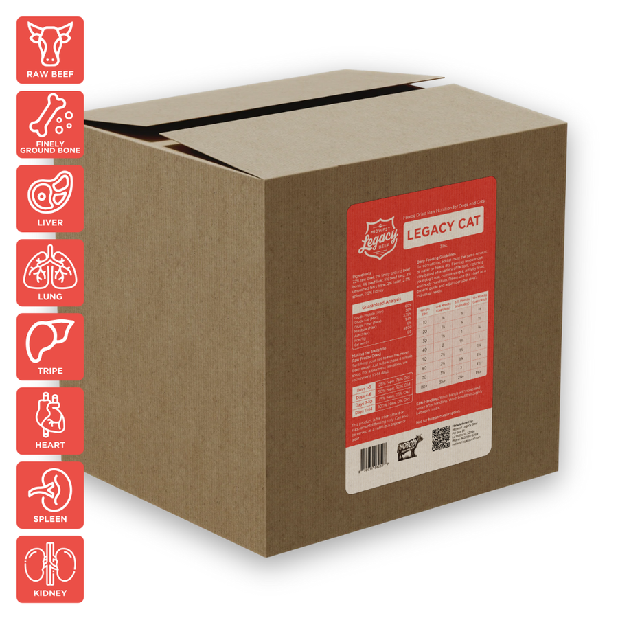 Freeze-dried cat food cardboard box with red label and nutrition panel