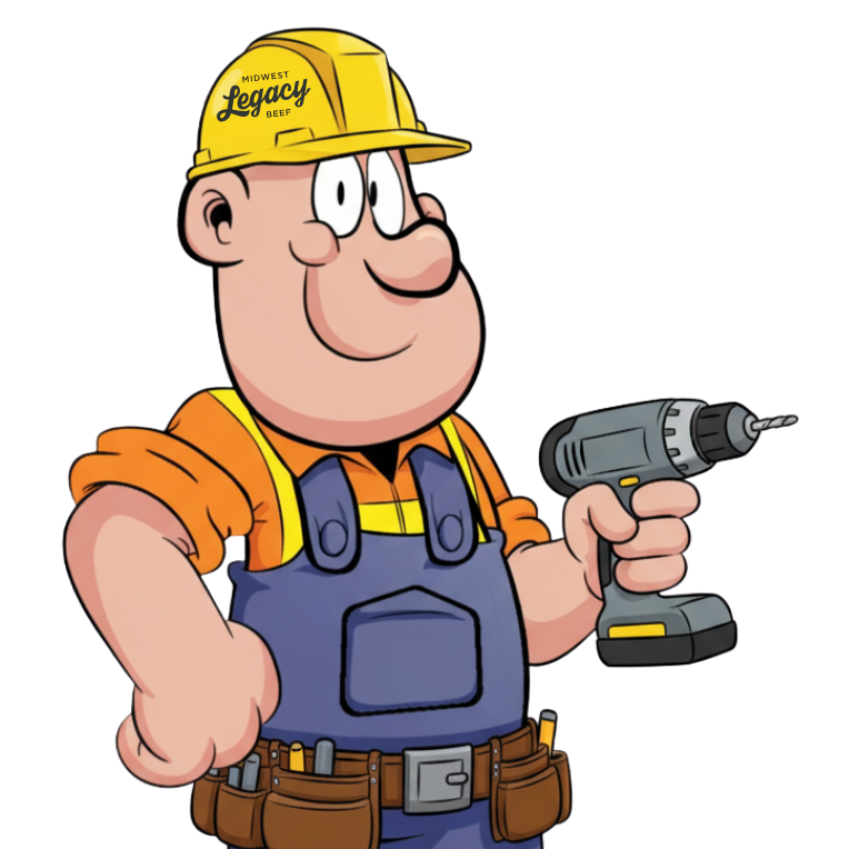 Cartoon character in construction worker attire holding a drill on a white background