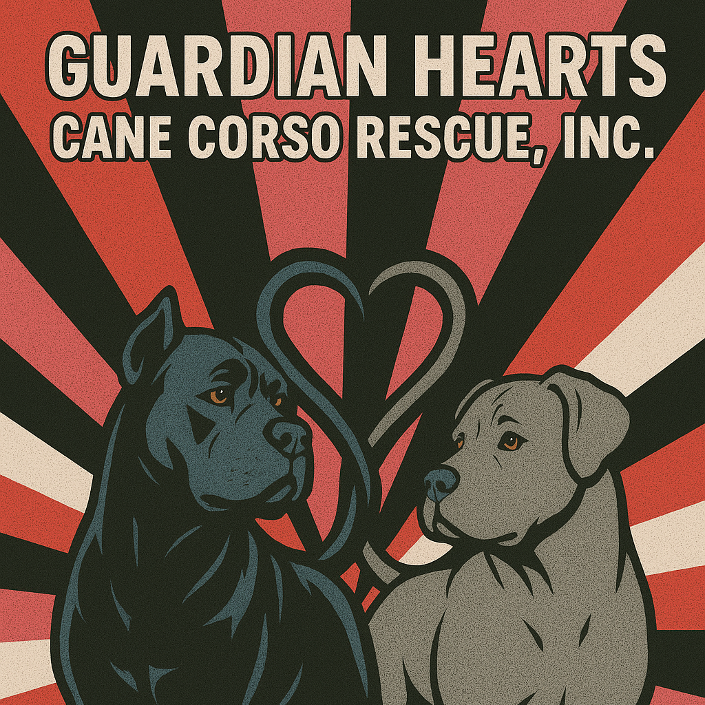 Two dogs forming a heart shape with text 'Guardian Hearts Cane Corso Rescue, Inc.' on a red and black striped background.