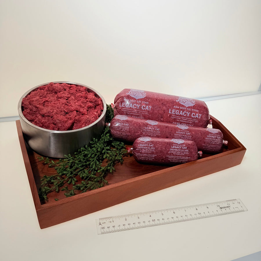 Fine grind legacy cat blend beef rolls with ground beef bowls and green garnish