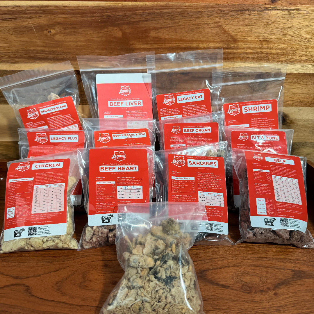 Freeze-dried pet food sample pack in clear resealable pouches, mixed meats.