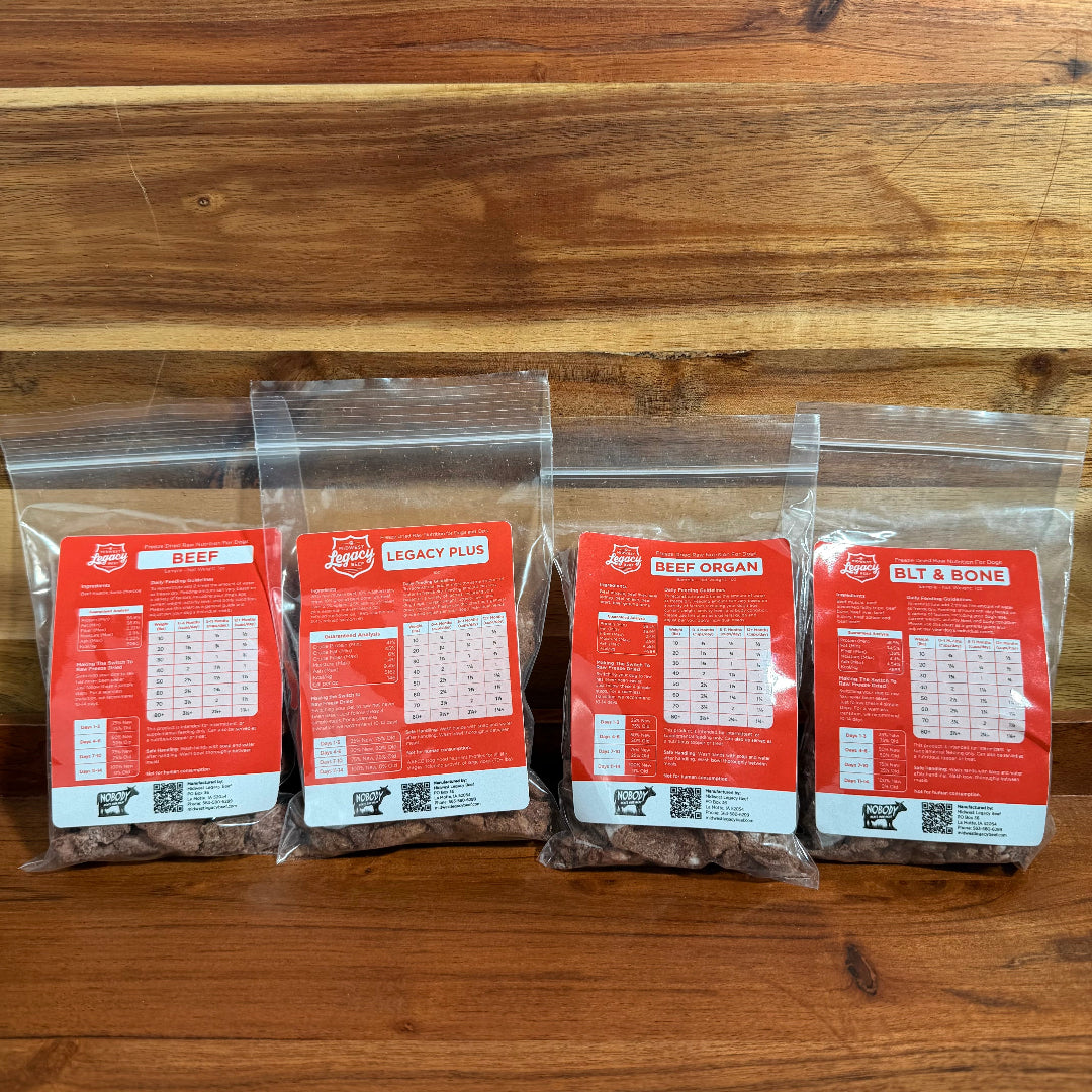 Freeze-dried pet food sample pack: four clear pouches with red beef labels.