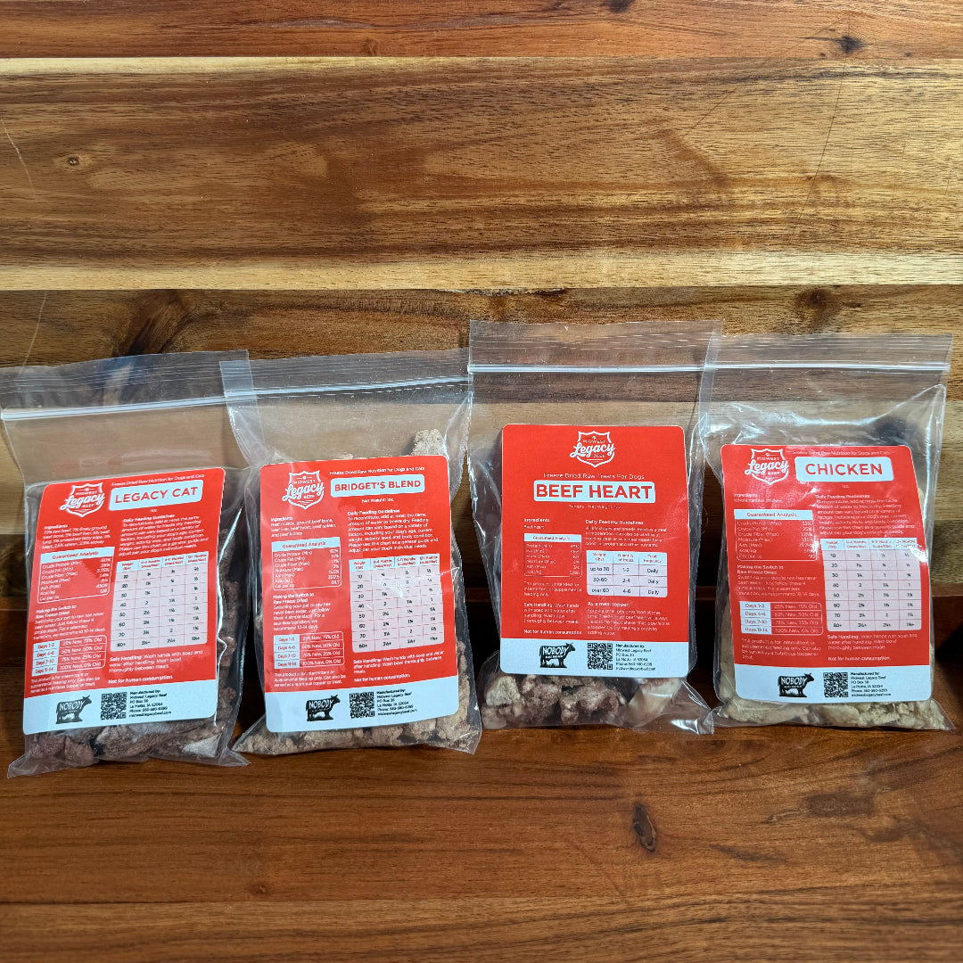 Freeze-dried pet food sample pack: four clear pouches with red labels.