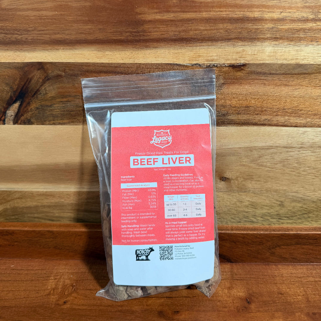 Freeze-dried beef liver pouch with red label in a clear resealable bag.