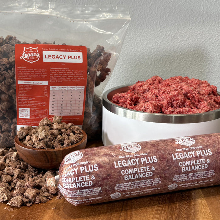 Legacy PLUS Complete & Balanced dog food variety pack with bags and bowl, red crumbles