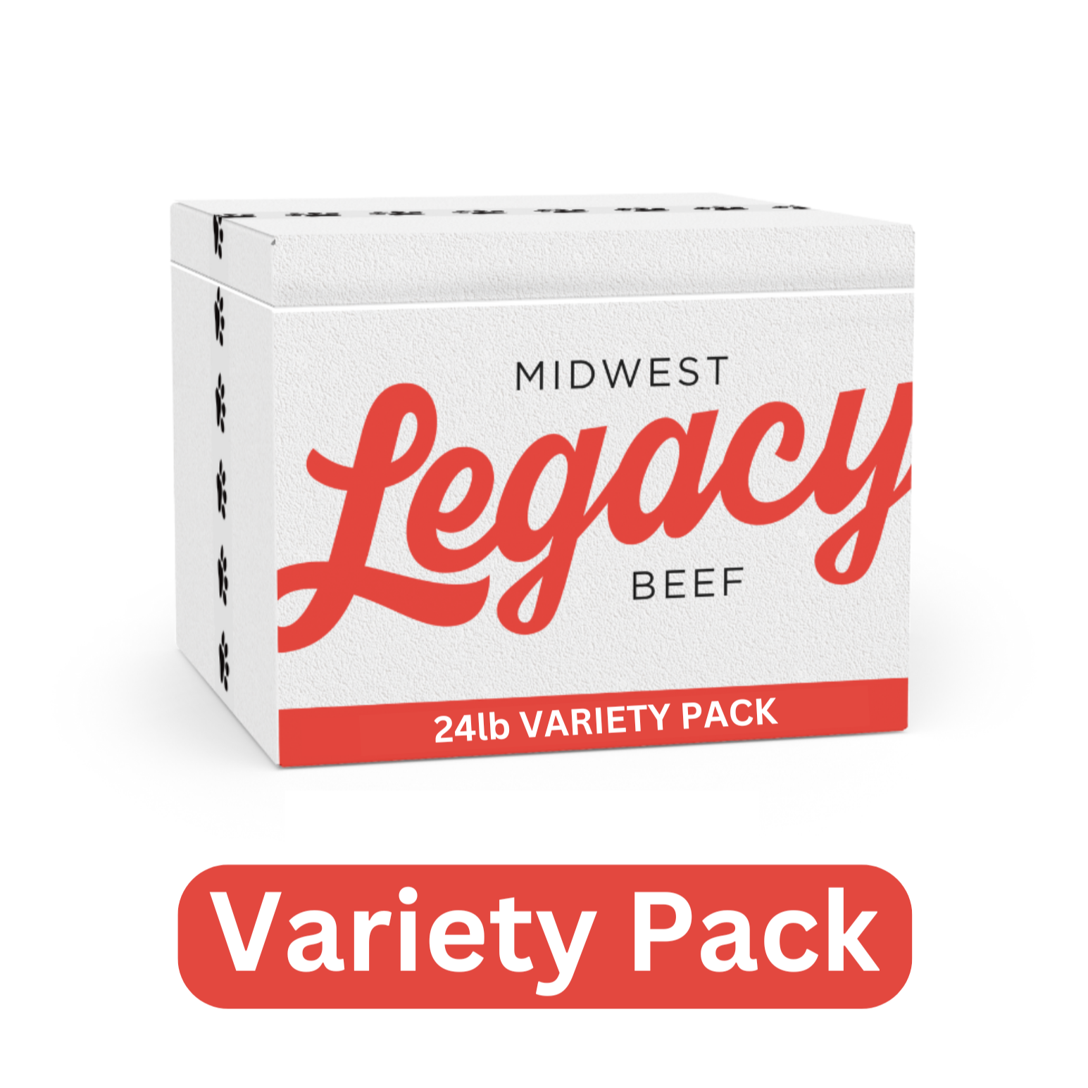 styrofoam container with midwest legacy beef logo on it in orange for the 2lb raw variety pack containing blt& bone, beef 80.10.10, venison dog food with orange icons