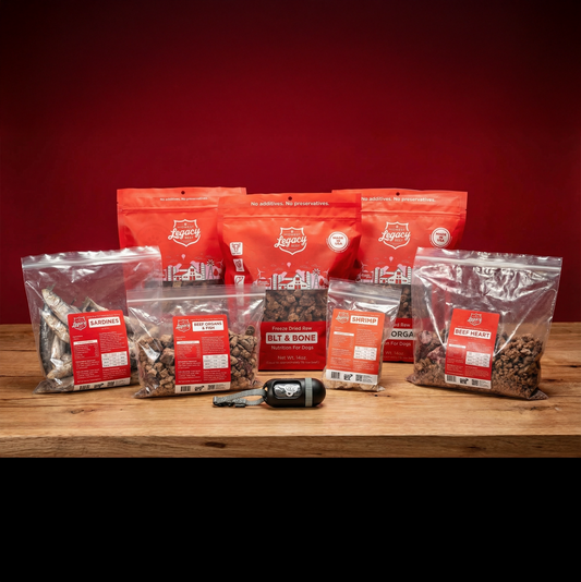 Dog food packages with red labels on a wooden surface against a red background
