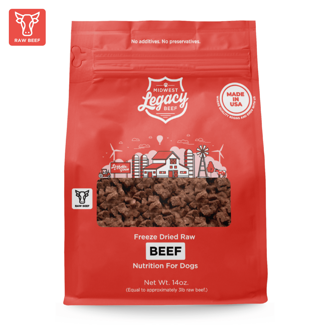 Red package of Midwest Legacy Beef freeze dried Beef dog food