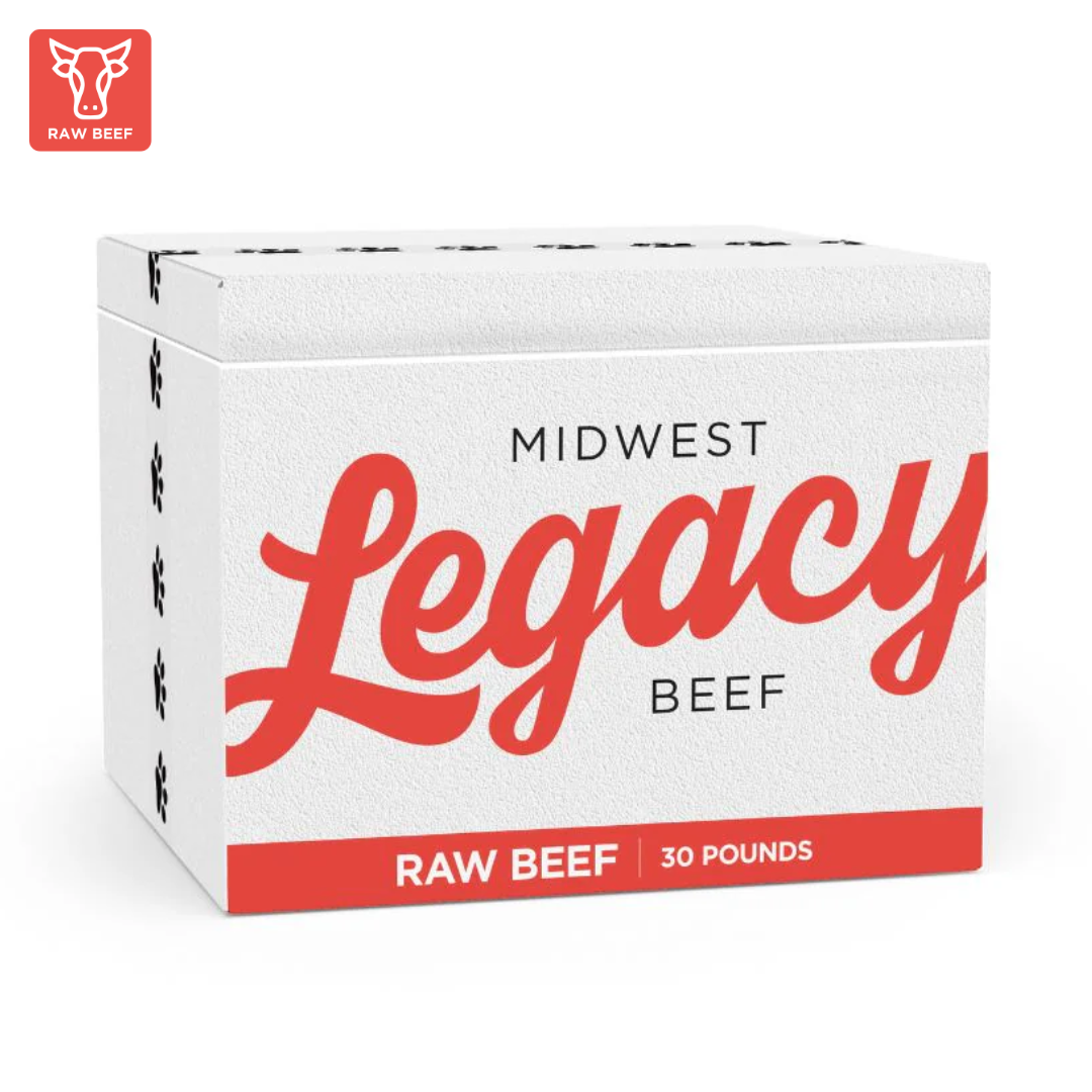 Box of Midwest Legacy Beef raw beef dog food on a white background
