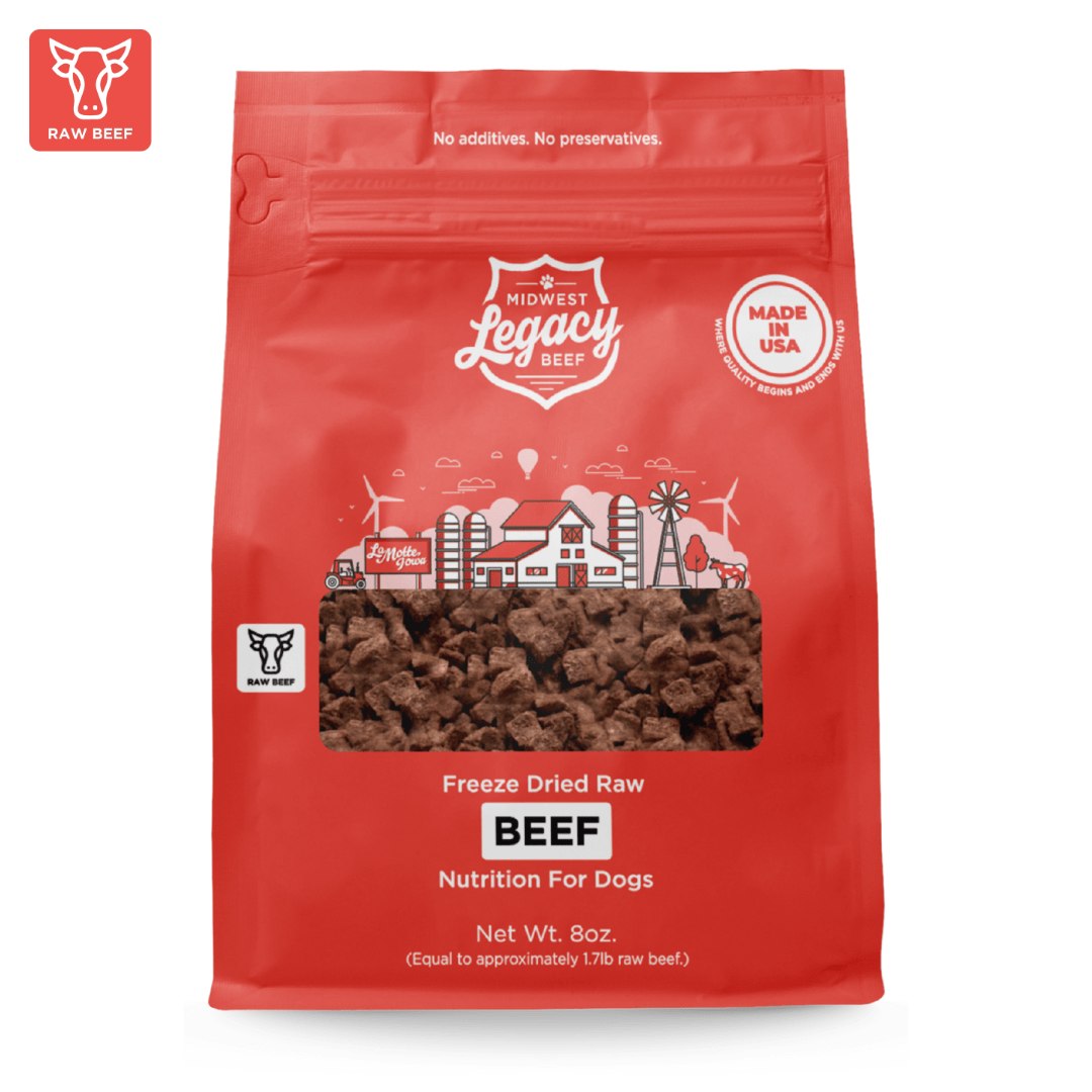 Red package of Midwest Legacy Beef freeze dried Beef 8oz dog food