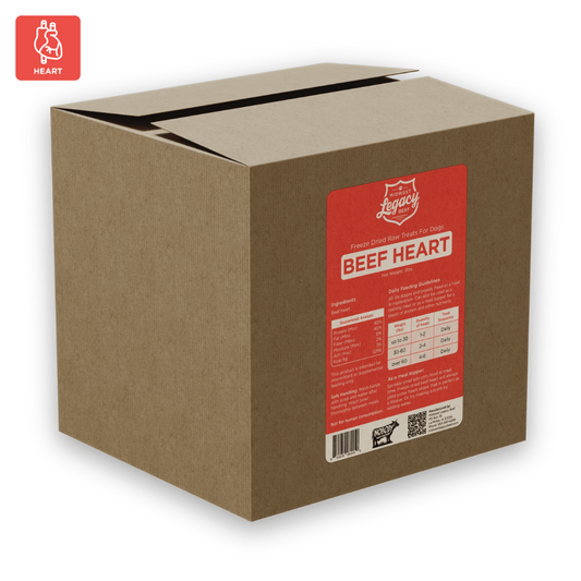 Cardboard box with a red label for freeze dried 'Beef Heart' by Midwest Legacy Beef on a white background