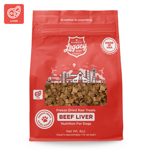 Red package of Midwest Legacy Beef freeze-dried raw beef liver treats for dogs on a white background