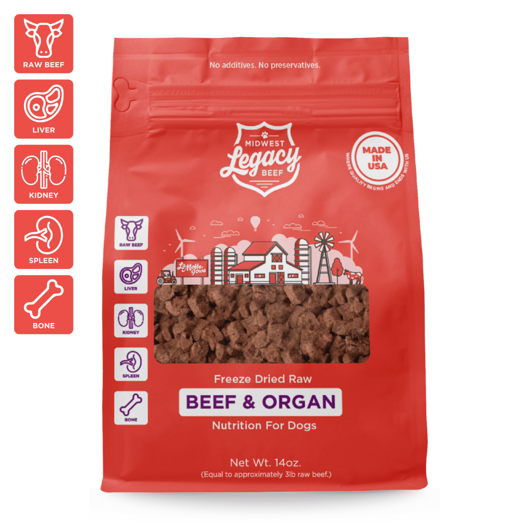Red package of Midwest Legacy freeze-dried raw beef and organ dog food on a white background