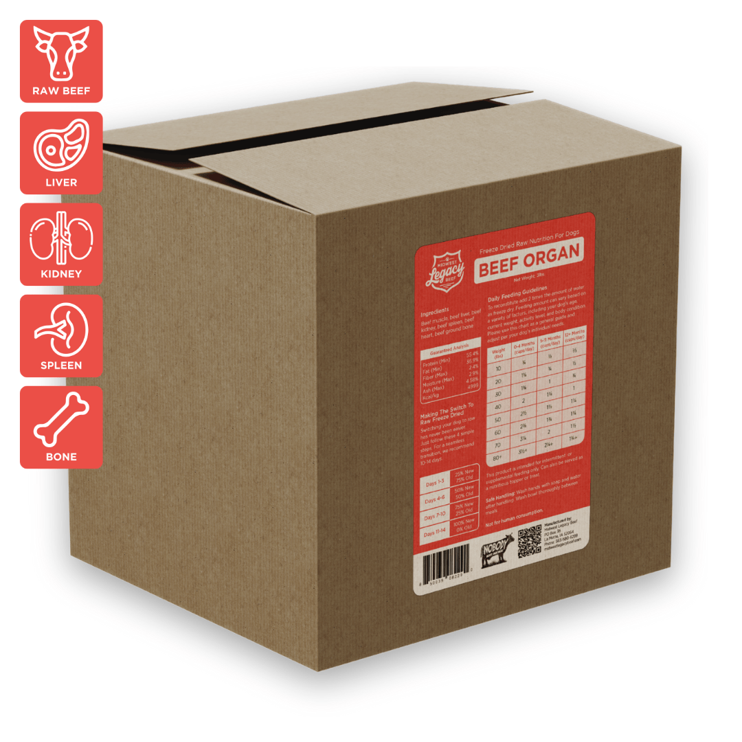 Cardboard box with a label for freeze dried raw beef organ dog food from Midwest Legacy Beef on a white background