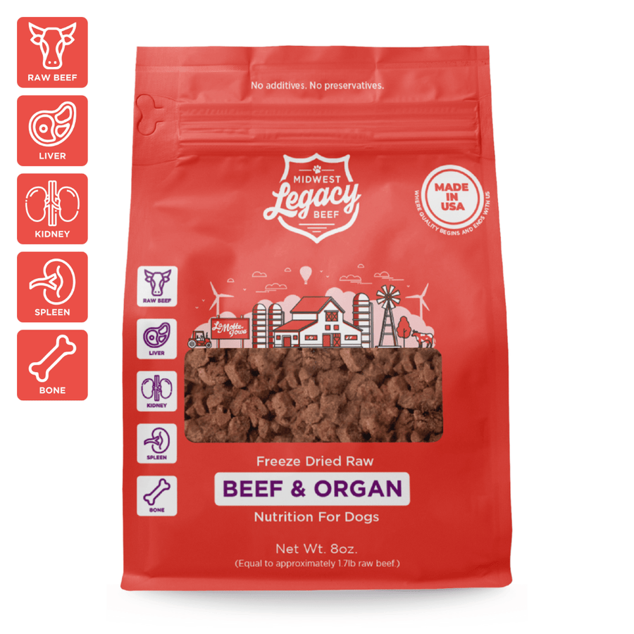 Front red pouch of freeze-dried beef & organ dog food with ingredient icons