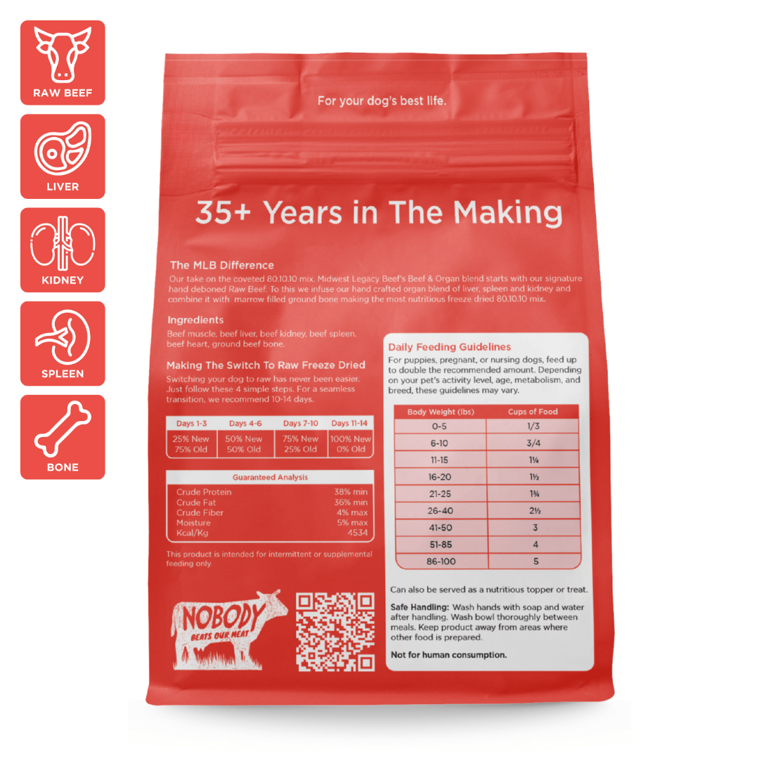 Red package of freeze dried raw dog food from Midwest Legacy Beef