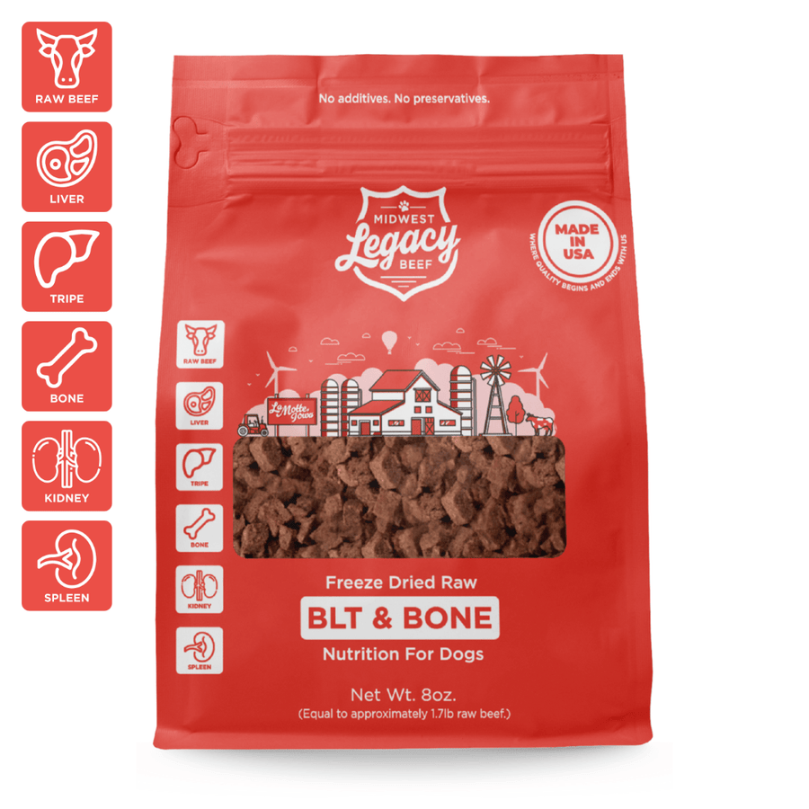 Red freeze-dried BLT & Bone dog food pouch with visible meat pieces
