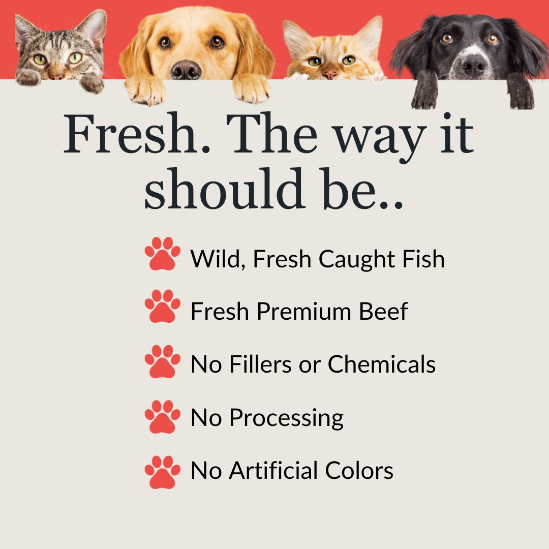 fresh benefit call out image with cats and dogs on top of a beige graphic for wild, fresh caught fish and premium raw beef animal cat and dog food