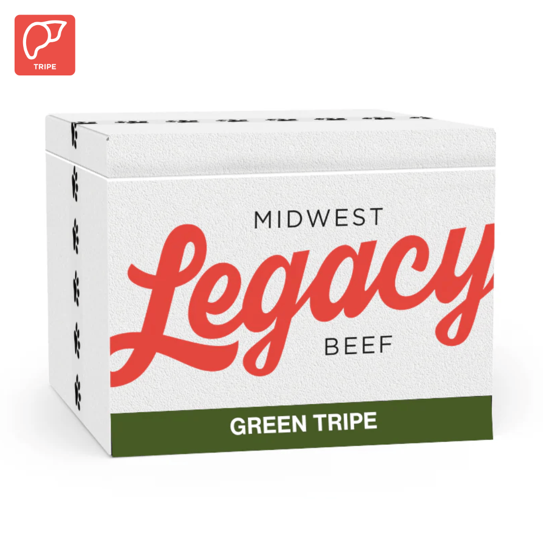 Box of Midwest Legacy Beef Green Tripe raw dog food on a white background