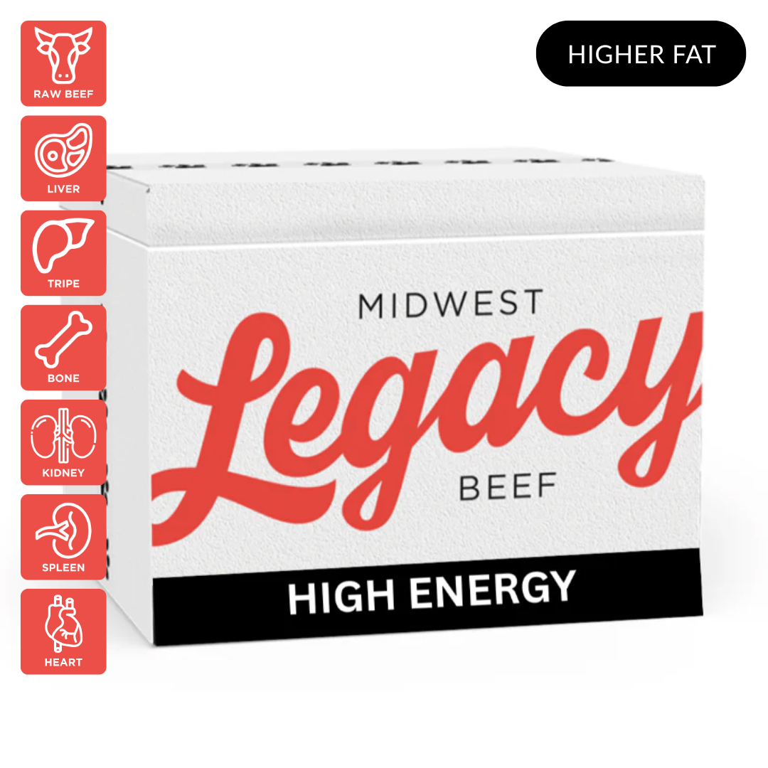 Box of Midwest Legacy Beef high energy raw dog food on white background