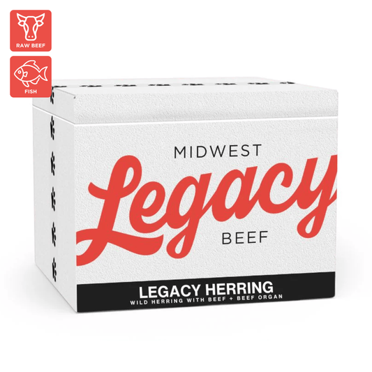 Box of Midwest Legacy Beef raw herring dog food with red and black text on a white background