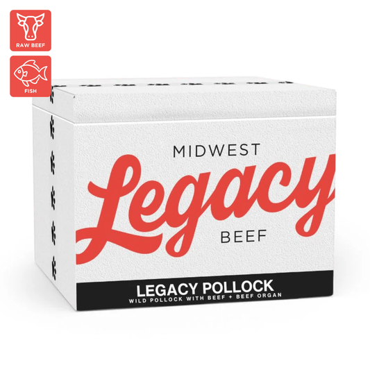 Box of Midwest Legacy Beef raw pollock dog food with red and black text on a white background