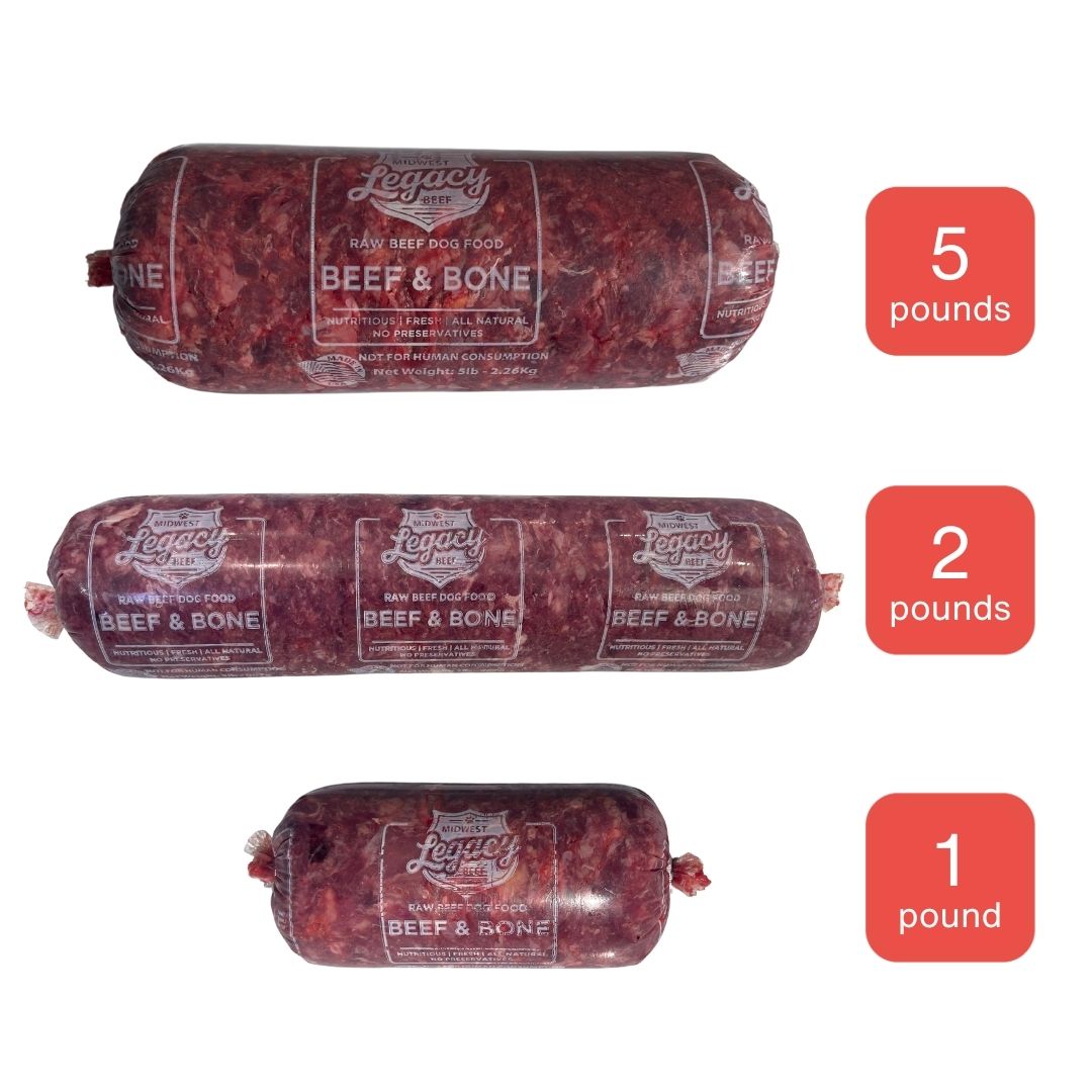 red raw beef and ground cow bone tubes in 5 pound, 2 pound, 1 pound packaging on white background and orange icons