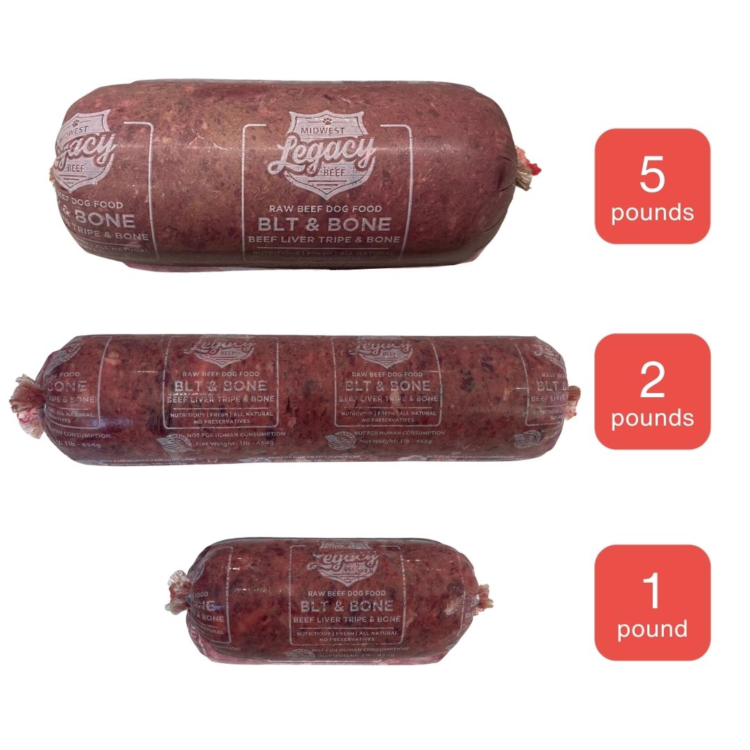 red raw beef tubes in 5 pound, 2 pound, 1 pound packaging on white background and orange icons