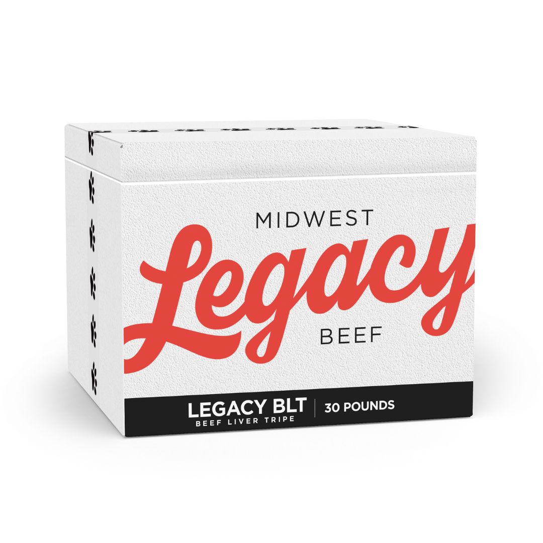 styrofoam container with midwest legacy beef logo on it in orange for the blt blend dog food
