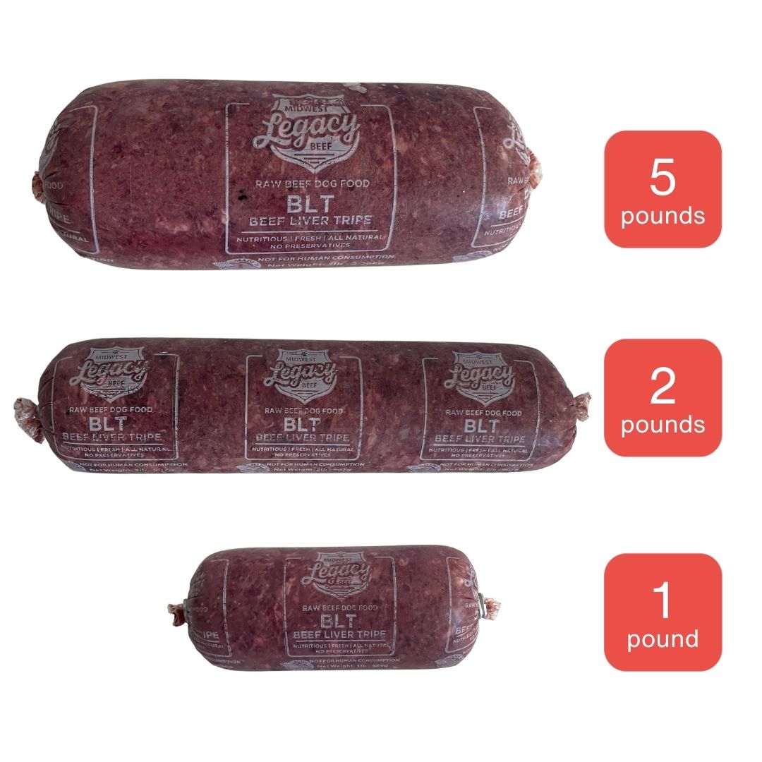 red raw beef liver and tripe tubes in 5 pound, 2 pound, 1 pound packaging on white background and orange icons