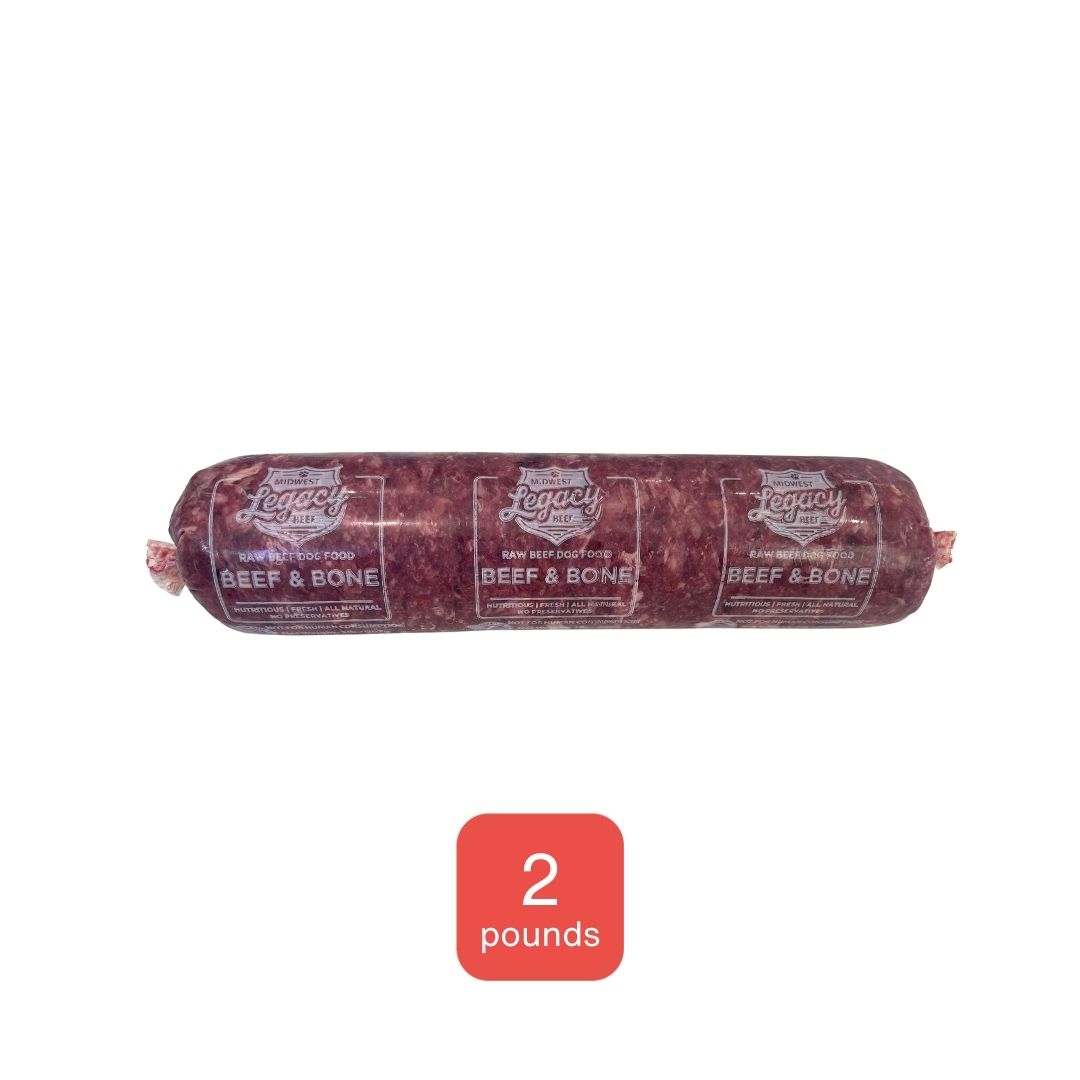 natural raw beef and bone dog food 2 pound tube on white background