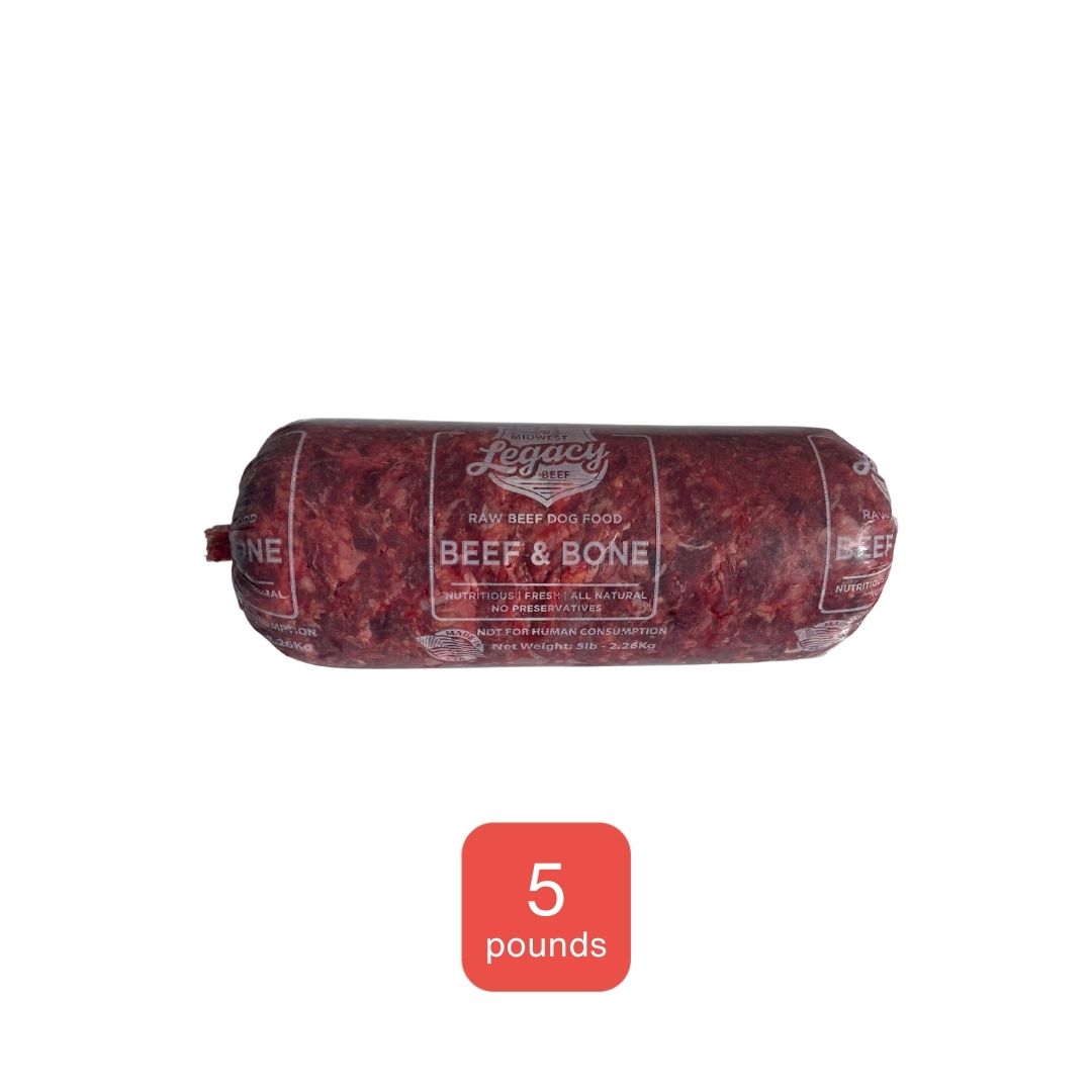 red raw beef and ground cow bone tubes in 5 pound package white background and orange icons